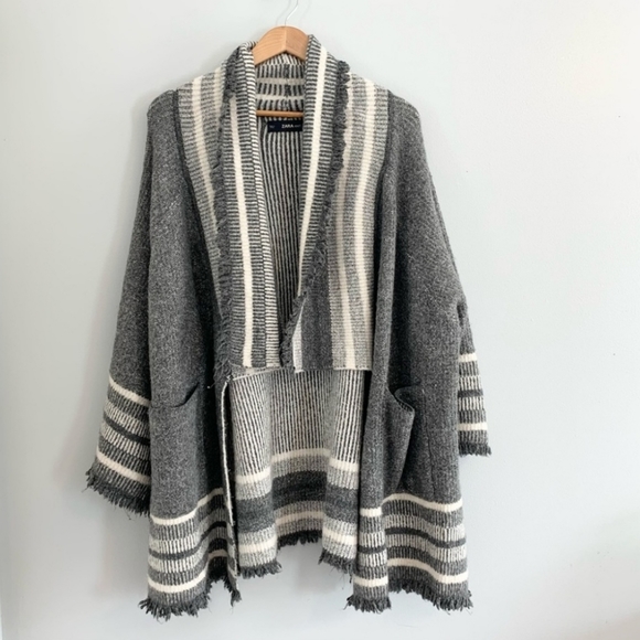 Zara Chunky Knit Oversized Fringe Cardigan Gray - Picture 2 of 9